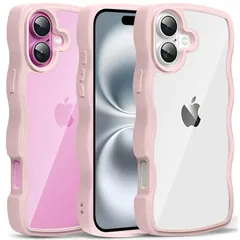 iPhone 16 ケース クリア ウェーブ おしゃれ 韓国 かわいい 可愛い アイフォン16 スマホケース 人気 シンプル 滑り止め 薄型 軽量 耐衝撃 指紋防止 レンズ保護 ストラップホール付き シリコン 透明（ピンク）