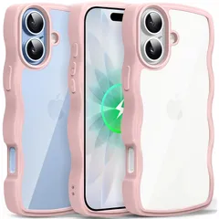 iPhone 17 用 ケース クリア ウェーブ おしゃれ 韓国 かわいい 可愛い アイフォン 17 用 スマホケース 人気 滑り止め 薄型 軽量 耐衝撃 ストラップホール付き シリコン 透明（ピンク）