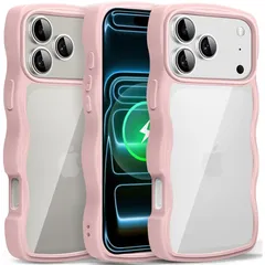 iPhone 17 Pro Max 用 ケース クリア ウェーブ おしゃれ 韓国 かわいい 可愛い アイフォン 17 Pro Max 用 スマホケース 人気 滑り止め 薄型 軽量 耐衝撃 ストラップホール付き シリコン 透明（ピンク）