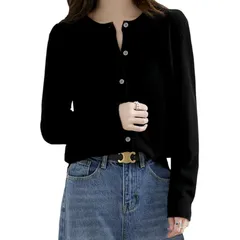 【新品】 [ANGJ] ニット セーター レディース 前開き ラウンドネック 着回し力 ニットソー カットソー トップス ニット 高伸? 柔らかい 薄手 無地 長袖 着痩せ 小顔 春秋冬 0