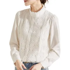 【新品】 [Yino] （イノ） レース シャツ ブラウス レディース トップス 花柄 フリル 立ち襟 女性らしい 可愛い 着痩せ 長袖 おしゃれ 通勤 オフィス カジュアル デート フォーマル 秋 冬 春 1