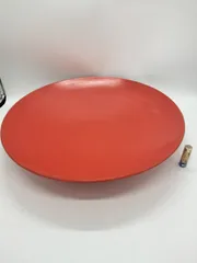 花器 中型皿 朱色 円形 花台 窯 工房 池坊 フラワーベース 水盤 華道具 花瓶 変形 シンプル 生花 華道 磁器製 手作り アンティーク レア レトロ インテリア ビンテージ 昭和  24428四つ葉[YT00557]