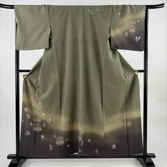 付下げ 身丈157cm 裄丈67.5cm L 袷 落款 向かい鳥 草花 ぼかし 灰緑 正絹 秀品 【中古】