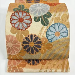 【美品】 袋帯 秀品 振袖向き 菊 波 唐織 金銀糸 金色 六通 正絹 【中古】