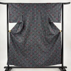 紬 身丈158cm 裄丈63cm S 袷 アンサンブル 証紙 華文 灰色 正絹 優品 【中古】