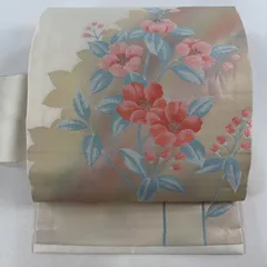 名古屋帯 優品 関西仕立て 草花 シルエット 銀糸 箔 クリーム 正絹 【中古】