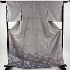 訪問着 身丈164cm 裄丈66cm M 袷 牛首紬地 落款 証紙 風景 樹木 ぼかし 灰紫 正絹 逸品 【中古】