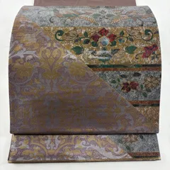 袋帯 秀品 鳥 花唐草 螺鈿箔 金彩 茶紫 お太鼓柄 正絹 【中古】