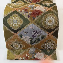 【美品】 袋帯 秀品 華文 花鳥 金銀糸 刺繍 緑 六通 正絹 【中古】