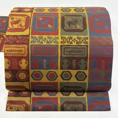 【美品】 名古屋帯 秀品 動物 幾何学 焦茶色 正絹 【中古】