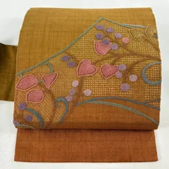 【美品】 名古屋帯 秀品 紬地 関西仕立て 草花 花唐草 相良刺繍 汕頭刺繍 山吹茶色 正絹 【中古】