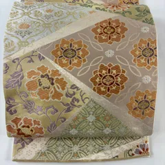 袋帯 秀品 関西仕立て 草花 七宝花菱 金銀糸 ベージュ 六通 正絹 【中古】