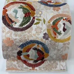 【美品】 袋帯 秀品 関西仕立て 向かい鳥 桜 唐織 箔 クリーム 六通 正絹 【中古】