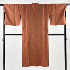 【美品】 道行 身丈134cm 裄丈67cm M 和装コート 角衿 縞 幾何学 赤茶 正絹 秀品 【中古】