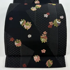 【美品】 袋帯 名品 糸巻き 桜 金糸 黒 六通 正絹 【中古】