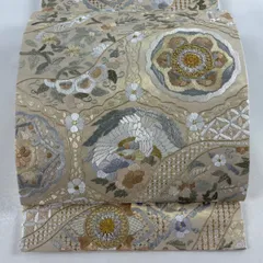 【美品】 袋帯 逸品 鈴乃屋 草花 鳥 金銀糸 刺繍 ベージュ 六通 正絹 【中古】