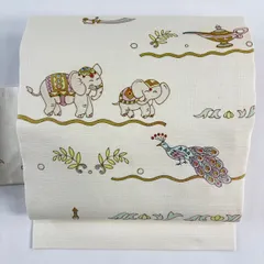 開き名古屋帯 逸品 紬地 象 孔雀 金銀彩 クリーム 正絹 【中古】
