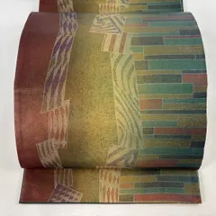 袋帯 逸品 落款 牛首紬地 幾何学 金彩 緑 全通 正絹 【中古】