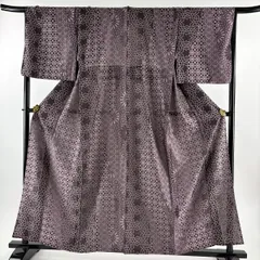 【美品】 お召 身丈159.5cm 裄丈67cm M 単衣 幾何学模様 灰紫 正絹 逸品 【中古】