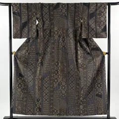 【美品】 小紋 身丈154.5cm 裄丈62cm S 単衣 華文 草花 刺繍 墨色 正絹 逸品 【中古】