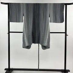 【美品】 道中着 身丈94.5cm 裄丈63cm S 和装コート 着物衿 落款 幾何学模様 ぼかし 灰緑 正絹 逸品 【中古】