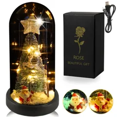 クリスマスツリー 卓上 ミニ スノードーム クリスマス 枯れない花 笑顔咲ク 光る花 造花 バラ ForeverFlowers [クリスマス仕様ホワイトライト USB電池両用]