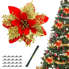 クリスマス 造花 24個入り クリスマスツリー飾り 装飾 花 オーナメント 人工花 ポインセチア デコレーション ラメ入り キラキラ クリスマスリース 花輪 自宅 店舗 玄関 室内 飾り (赤)