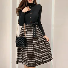 ワンピース ニットワンピースレディース千鳥柄切替秋冬