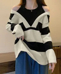 ボーダー柄ニットトップス オフショルダー