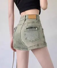 ウォッシュデニムショートパンツレディース　ヴィンテージ風デニムショーパン 美脚脚長ジーパ