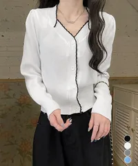 ニットトップス レディース Vネック長袖　リブニット 配色 前開き