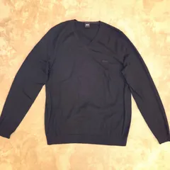 美品！BOSS／ボス／ウール100％ Vネックニット XL／ダークネイビー／ロゴ刺繍／上質素材／ビジネス／シンプル／きれいめ／HUGO BOSSのサムネイル