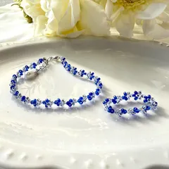 No.3 青いお花のビーズのブレスレットと指輪のセット
