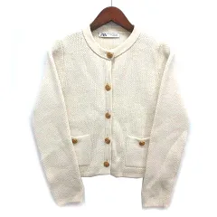 ザラ ZARA ショート丈 ニット カーディガン 金ボタン S アイボリー 6427/124/712