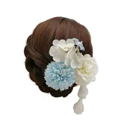 和装 髪飾り 造花 フラワー ヘアピン ヘアクリップ 七五三 成人式 卒業式 結婚式 振袖 浴衣 袴 着物 和装 ヘアアクセサリー 3個セット (ブルーホワイト)