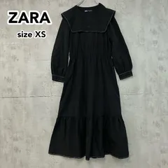 ZARA ザラ セーラーカラー ワンピース ロング丈 パフスリーブ ドロップショルダー ティアード 白ステッチ ギャザー ウエストマーク 黒 ブラック XS 春服 秋服 ★ ◇■