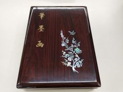 筆墨函　書道セット 未使用】 花鳥模様螺鈿細工 木製箱入り 大人用 高級 書道セット筆墨函