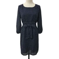 ナチュラルビューティーベーシック NATURAL BEAUTY BASIC ワンピース フレア ミニ ボートネック 総柄 リボン 長袖 S 紺 白 ネイビー ホワイト