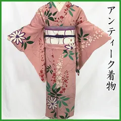 512aa3◇アンティーク着物 単衣 藤 菊 波の地紋 レトロモダン 大正ロマン 昭和レトロ 和洋MIX◇状態良好