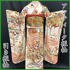 512aa8◇アンティーク着物 逸品！豪華 振袖 引き振袖 五つ紋 檜扇 御簾 橘 吉祥文様 刺繍 金駒刺繍 金糸 レトロモダン 大正ロマン 昭和レトロ◇状態良好