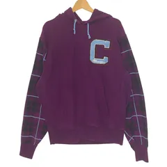 Champion REVRSE WEAVE/チャンピオンリバースウィーブ 袖チェック柄 ワンポイントワッペン パーカー フーディー プルオーバー 長袖 袖刺繍 ワンポイント刺繡 INDONESIA製 メンズ 2XL パープル