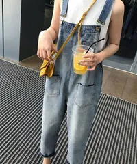 サロペット デニムパンツ レディース ジーンズ ダメージ オーバーオール オールインワン