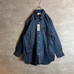 新品未使用 タグ付き 長袖シャツ デザインシャツ ストライプ 総柄 麻 リネン混 ブルー M