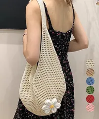 トートバッグ花モチーフ付き編みバッグ軽量
