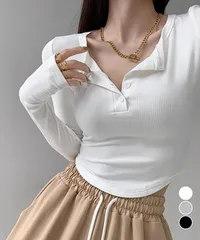 長袖Tシャツ レディース ボタン 無地