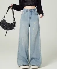 ダメージデニムパンツ ワイドレッグデニム