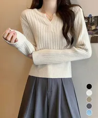 リブニット トップス きれいめ 長袖　ニットカットソー ベーシック ニットセーター