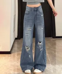 ダメージデニムパンツ ワイドレッグデニム　レディース ハイウエスト ロングパンツ ウォッシュ加工