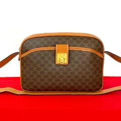 極 美品 CELINE セリーヌ ヴィンテージ ロゴ リング 金具 マカダム 柄 レザー 本革 ショルダーバッグ ポシェット ブラウン 16928