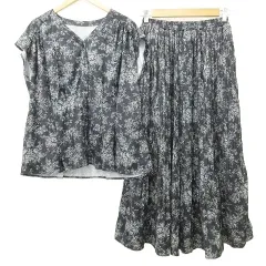 ビームスハート BEAMS HEART 花柄 シャツ ロングスカート セットアップ 薄手 F 紺 ネイビー ■YHS10